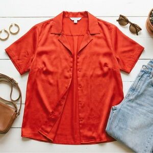 Vintage 90s Hill & Archer Red Crinkle Camp Shirt Blouse Plus Size 20W